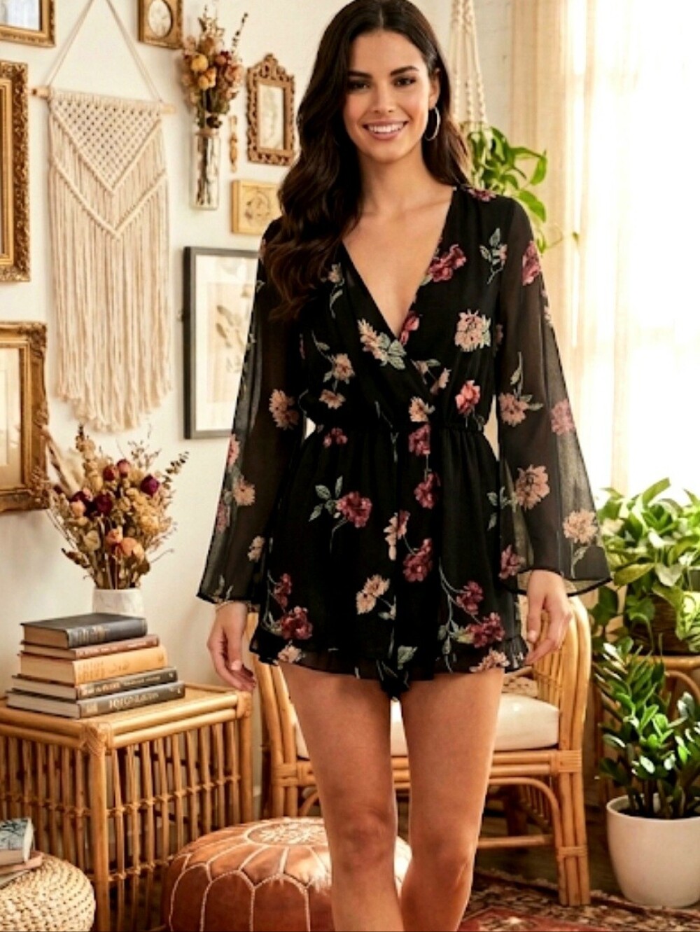 Altar'd State Black Floral Long Sleeve Wrap Romper Size Small